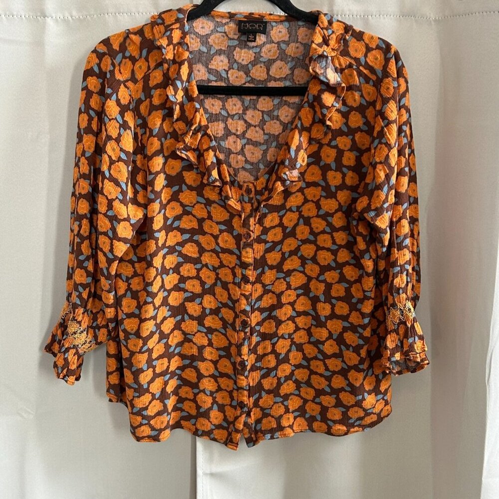 Mod Lusive Women Top Large Retro Floral Bloomcore Ruffle Button Up 70s Y2K 17679